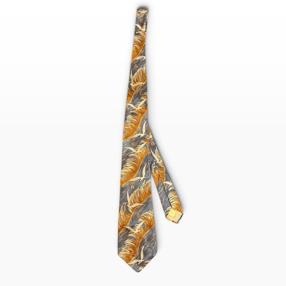 Vintage Tommy Bahama Silk Necktie Blue Orange Tropical Crane Bird Palm Print